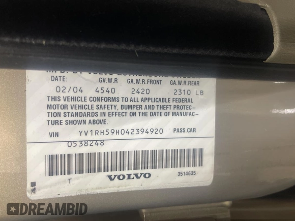 2004 Volvo S60 with VIN YV1RH59H042394920, listed as a Copart auction lot 83572644 with 131,007 mi miles and Clean Title. Bid and sale history available at carsss.com. Image 10.