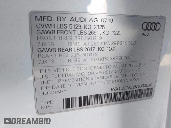 2019 Audi Q3 S line Premium with VIN WA1DECF32K1084030, listed as a IAAI auction lot 42528662 with 34,498 mi miles and . Bid and sale history available at DreamBid. Image 9.