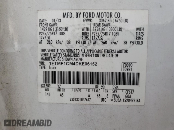 2013 Ford F-150 XL with VIN 1FTMF1CM4DKE06152, listed as a Copart auction lot 50077075 with 289,039 mi miles and Salvage Title. Bid and sale history available at carsss.com. Image 12.