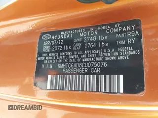 2012 Hyundai Veloster w/Gray Int с VIN KMHTC6AD8CU075076, выставлен на аукционе IAAI как лот 42345469 с пробегом 154 462 миль миль и . История ставок и продаж доступна на DreamBid. Изображение 9.