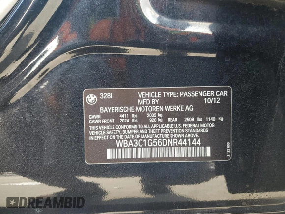 2013 BMW 3 Series 328i with VIN WBA3C1G56DNR44144, listed as a Copart auction lot 53846275 with 109,997 mi miles and Salvage Title. Bid and sale history available at DreamBid. Image 12.
