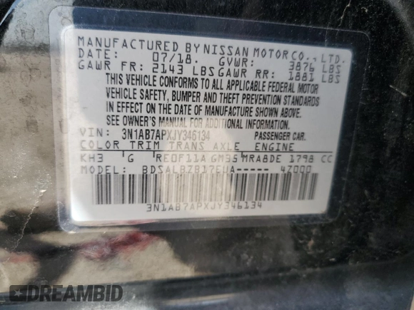 2018 Nissan Sentra S with VIN 3N1AB7APXJY346134, listed as a Copart auction lot 49551595 with 117,238 mi miles and Salvage Title. Bid and sale history available at carsss.com. Image 15.