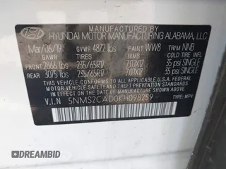 2019 Hyundai Santa Fe SE with VIN 5NMS2CAD0KH098259, listed as a IAAI auction lot 42075356 with 55,163 mi miles and . Bid and sale history available at DreamBid. Image 9.