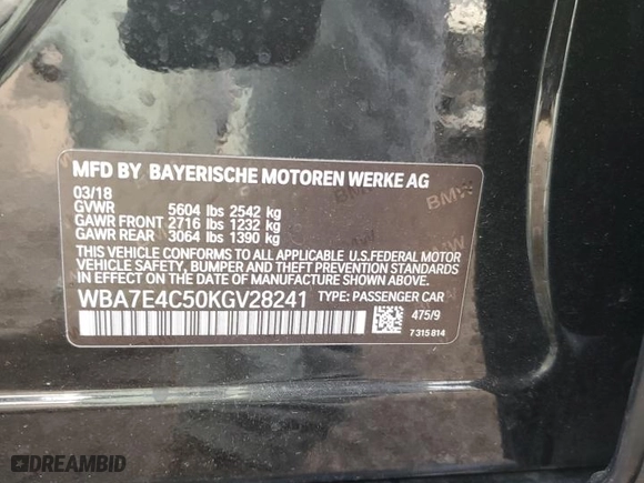 2019 BMW 7 Series 740i xDrive with VIN WBA7E4C50KGV28241, listed as a Copart auction lot 87329774 with 0 mi miles and Salvage Title. Bid and sale history available at carsss.com. Image 12.