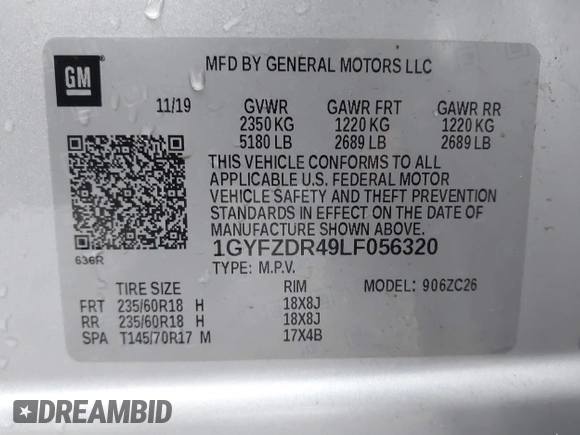 2020 Cadillac XT4 AWD Premium Luxury with VIN 1GYFZDR49LF056320, listed as a IAAI auction lot 41222965 with 78,615 mi miles and . Bid and sale history available at DreamBid. Image 9.
