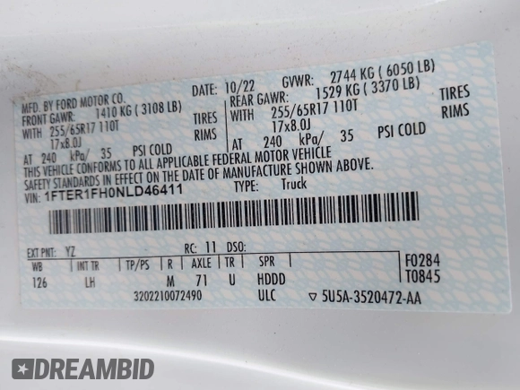 2022 Ford Ranger XL with VIN 1FTER1FH0NLD46411, listed as a IAAI auction lot 42100652 with 81,970 mi miles and . Bid and sale history available at DreamBid. Image 9.