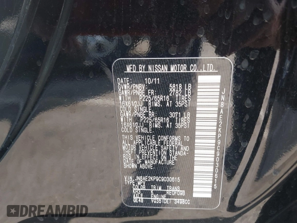 2012 Nissan Quest S z VIN JN8AE2KP9C9030615, wystawiony jako IAAI lot #41866001 z przebiegiem 149 803 mil mil oraz . Historia ofert i sprzedaży dostępna na DreamBid. Obrazek 9.