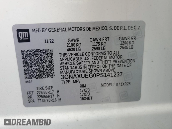 2023 Chevrolet Equinox LT with VIN 3GNAXUEG0PS141237, listed as a Copart auction lot 57030815 with 39,960 mi miles and Salvage title. Bid and sale history available at DreamBid. Image 14.