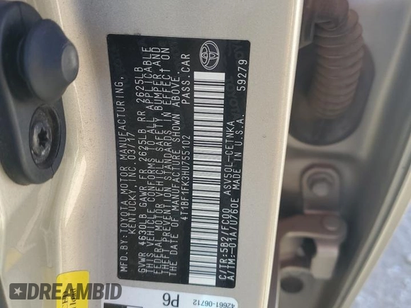 2017 Toyota Camry XLE with VIN 4T1BF1FK3HU755102, listed as a Copart auction lot 50169085 with 100,823 mi miles and Salvage Title. Bid and sale history available at DreamBid. Image 14.
