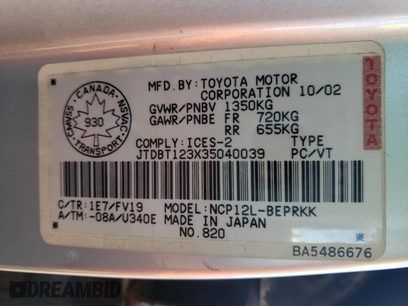 2003 Toyota ECHO z VIN JTDBT123X35040039, wystawiony jako Copart lot #68902344 z przebiegiem 175 489 mil mil oraz Szkoda całkowita • Salvage title. Historia ofert i sprzedaży dostępna na DreamBid. Obrazek 12.