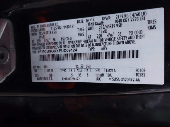 2014 Ford Escape SE with VIN 1FMCU9GXXEUD09124, listed as a IAAI auction lot 41747925 with 147,996 mi miles and . Bid and sale history available at DreamBid. Image 9.