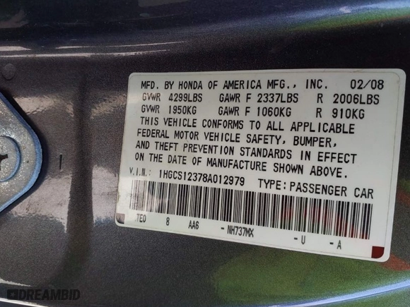 2008 Honda Accord Cpe LX-S with VIN 1HGCS12378A012979, listed as a IAAI auction lot 41859391 with 240527 miles. Bid and sale history available at carsss.com. Image 9.