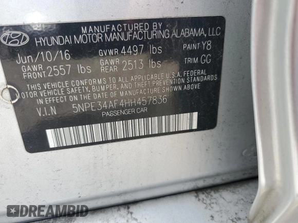 2017 Hyundai Sonata Sport with VIN 5NPE34AF4HH457836, listed as a Copart auction lot 50773345 with 68,119 mi miles and Salvage Title. Bid and sale history available at DreamBid. Image 13.