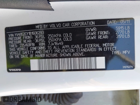 2011 Volvo XC90 I6 с VIN YV4952CY1B1606293, выставлен на аукционе IAAI как лот 41865029 с пробегом 248 831 миль миль и . История ставок и продаж доступна на DreamBid. Изображение 9.