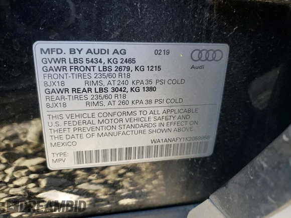 2019 Audi Q5 Premium with VIN WA1ANAFY1K2059956, listed as a Copart auction lot 88662605 with 45,356 mi miles and Salvage Title. Bid and sale history available at carsss.com. Image 13.