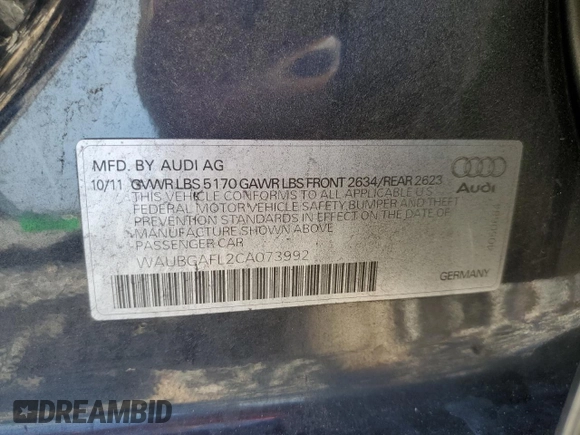 2012 Audi S4 Premium Plus with VIN WAUBGAFL2CA073992, listed as a Copart auction lot 53478355 with 116,406 mi miles and Salvage Title. Bid and sale history available at carsss.com. Image 13.