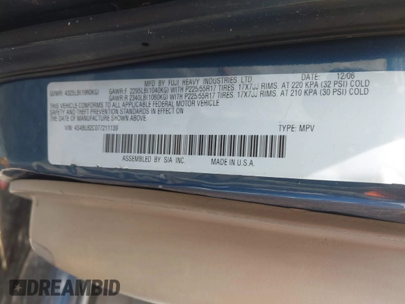 2007 Subaru Outback with VIN 4S4BL62C077211139, listed as a IAAI auction lot 41451206 with 130,358 mi miles and . Bid and sale history available at DreamBid. Image 9.