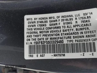 2014 Honda Civic Sedan LX with VIN 19XFB2F55EE029480, listed as a IAAI auction lot 42039784 with 138,734 mi miles. Bid and sale history available at carsss.com. Image 9.