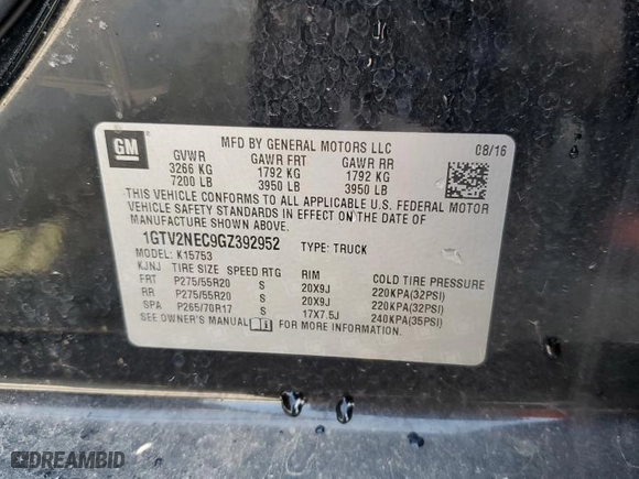 2016 GMC Sierra 1500 SLT with VIN 1GTV2NEC9GZ392952, listed as a Copart auction lot 71461064 with 103,767 mi miles and Salvage Title. Bid and sale history available at carsss.com. Image 12.