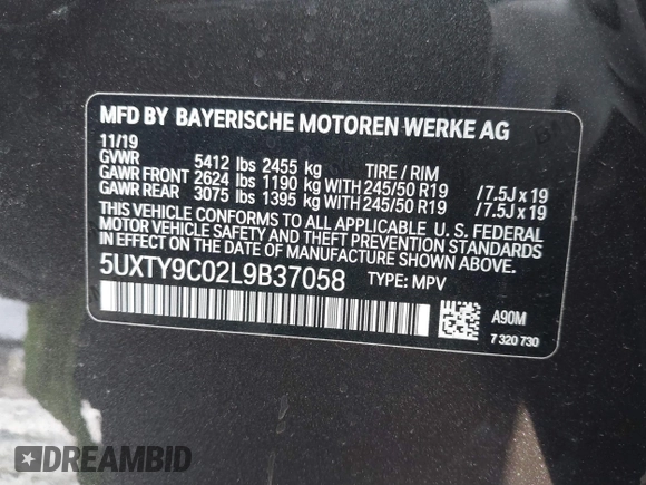 2020 BMW X3 M40i with VIN 5UXTY9C02L9B37058, listed as a IAAI auction lot 41597200 with 29,715 mi miles and . Bid and sale history available at DreamBid. Image 9.