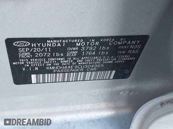2012 Hyundai Elantra Limited with VIN KMHDH4AE9CU304965, listed as a IAAI auction lot 41752391 with 77,489 mi miles. Bid and sale history available at carsss.com. Image 9.