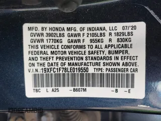 2020 Honda Civic EX-L with VIN 19XFC1F78LE019550, listed as a IAAI auction lot 41517951 with 27,788 mi miles and . Bid and sale history available at DreamBid. Image 9.