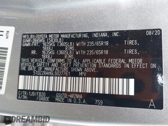 2020 Toyota Highlander LE with VIN 5TDZZRAH6LS027761, listed as a IAAI auction lot 42034714 with 90,546 mi miles and . Bid and sale history available at DreamBid. Image 9.