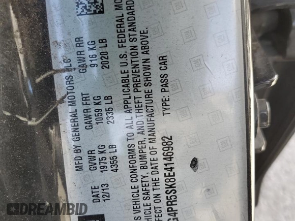 2014 Buick Verano Convenience Group with VIN 1G4PR5SK8E4146982, listed as a Copart auction lot 50749095 with 160,896 mi miles and Salvage Title. Bid and sale history available at DreamBid. Image 12.