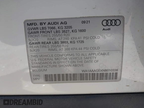 2022 Audi e-tron Premium with VIN WA1AAAGEXNB010338, listed as a IAAI auction lot 41924899 with 29,598 mi miles. Bid and sale history available at carsss.com. Image 9.