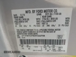 2013 Ford F-150 XL with VIN 1FTFW1CF6DKG22708, listed as a IAAI auction lot 41725908 with 155,530 mi miles and . Bid and sale history available at carsss.com. Image 9.