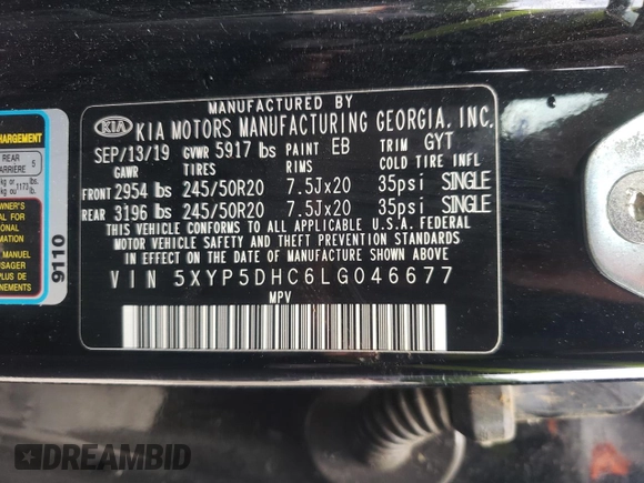 2020 Kia Telluride SX with VIN 5XYP5DHC6LG046677, listed as a Copart auction lot 57827335 with 116,164 mi miles and Salvage title. Bid and sale history available at DreamBid. Image 13.