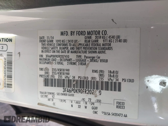 2015 Ford Fusion Titanium with VIN 3FA6P0K90FR207410, listed as a IAAI auction lot 41742534 with 171,008 mi miles. Bid and sale history available at carsss.com. Image 9.