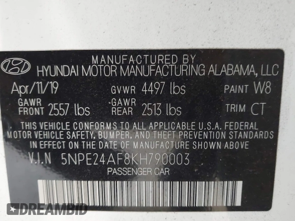 2019 Hyundai Sonata SE with VIN 5NPE24AF8KH790003, listed as a IAAI auction lot 41353854 with 84,442 mi miles and . Bid and sale history available at carsss.com. Image 9.