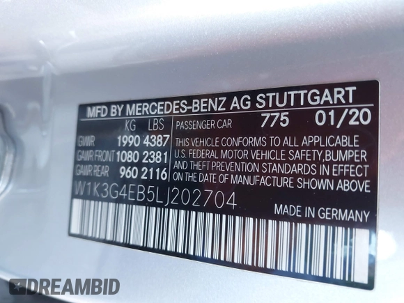 2020 Mercedes-Benz A 220 with VIN W1K3G4EB5LJ202704, listed as a IAAI auction lot 41242166 with 46,345 mi miles and . Bid and sale history available at DreamBid. Image 9.