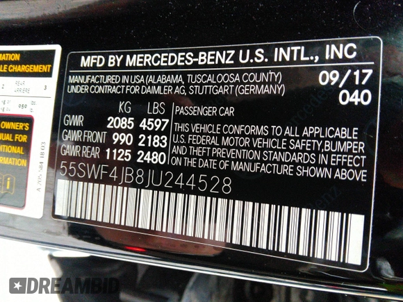 2018 Mercedes-Benz C with VIN 55SWF4JB8JU244528, listed as a IAAI auction lot 40779972 with 119,260 mi miles. Bid and sale history available at carsss.com. Image 9.