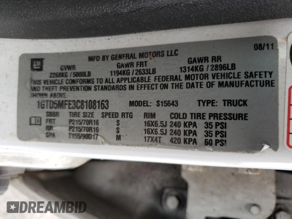 2012 GMC Canyon SLE1 with VIN 1GTD5MFE3C8108163, listed as a Copart auction lot 54492754 with 155,689 mi miles and Salvage Title. Bid and sale history available at carsss.com. Image 14.