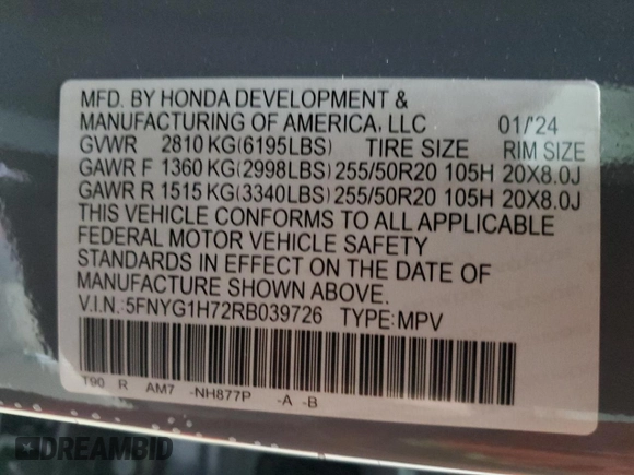 2024 Honda Pilot Touring with VIN 5FNYG1H72RB039726, listed as a Copart auction lot 81372524 with 10,851 mi miles and Salvage Title. Bid and sale history available at carsss.com. Image 14.