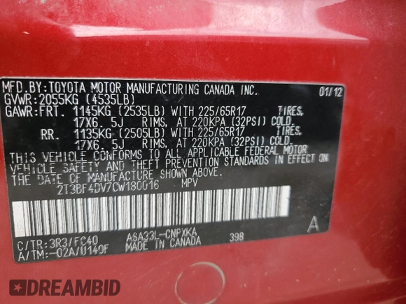 2012 Toyota RAV4 с VIN 2T3BF4DV7CW180016, выставлен на аукционе Copart как лот 61371295 с пробегом 126 612 миль миль и Списание • Salvage title. История ставок и продаж доступна на DreamBid. Изображение 13.