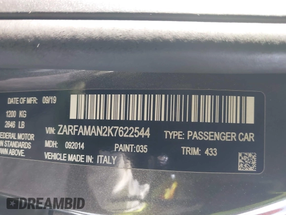 2019 Alfa Romeo Giulia z VIN ZARFAMAN2K7622544, wystawiony jako IAAI lot #41600030 z przebiegiem 37 045 mil mil oraz . Historia ofert i sprzedaży dostępna na DreamBid. Obrazek 9.
