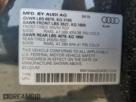 2019 Audi e-tron Prestige с VIN WA1VAAGE4KB012244, выставлен на аукционе Copart как лот 61049715 с пробегом 45 078 миль миль и Списание • Salvage title. История ставок и продаж доступна на DreamBid. Изображение 13.