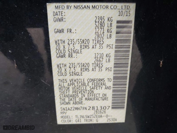 2015 Nissan Murano SV with VIN 5N1AZ2MH7FN281307, listed as a IAAI auction lot 41783282 with 212,111 mi miles. Bid and sale history available at carsss.com. Image 9.