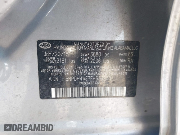 2015 Hyundai Elantra SE with VIN 5NPDH4AE7FH636230, listed as a IAAI auction lot 42243538 with 104,634 mi miles and . Bid and sale history available at DreamBid. Image 9.