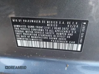 2020 Volkswagen Jetta S z VIN 3VWCB7BU1LM039193, wystawiony jako IAAI lot #42305897 z przebiegiem 108 319 mil mil oraz . Historia ofert i sprzedaży dostępna na DreamBid. Obrazek 9.