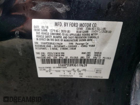 2018 Ford Taurus SEL with VIN 1FAHP2E89JG119639, listed as a Copart auction lot 58686685 with 107,490 mi miles and Salvage title. Bid and sale history available at DreamBid. Image 12.
