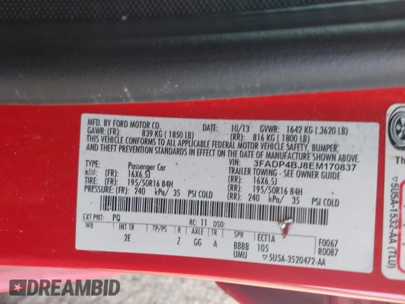 2014 Ford Fiesta SE with VIN 3FADP4BJ8EM170837, listed as a IAAI auction lot 41656071 with 128,334 mi miles and . Bid and sale history available at DreamBid. Image 9.