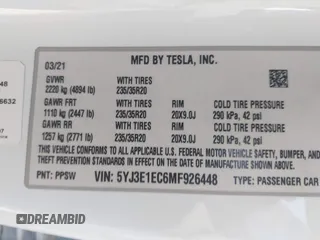2021 Tesla Model 3 Performance with VIN 5YJ3E1EC6MF926448, listed as a IAAI auction lot 41240309 with 39,386 mi miles and . Bid and sale history available at DreamBid. Image 9.