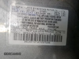 2019 Nissan Sentra S with VIN 3N1AB7AP1KY259188, listed as a Copart auction lot 54193535 with 120,948 mi miles and Clean Title. Bid and sale history available at carsss.com. Image 12.