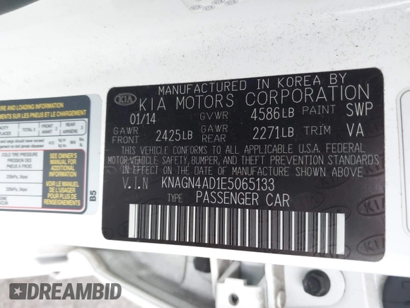 2014 Kia Optima EX with VIN KNAGN4AD1E5065133, listed as a IAAI auction lot 42157506 with 128,198 mi miles and . Bid and sale history available at DreamBid. Image 9.