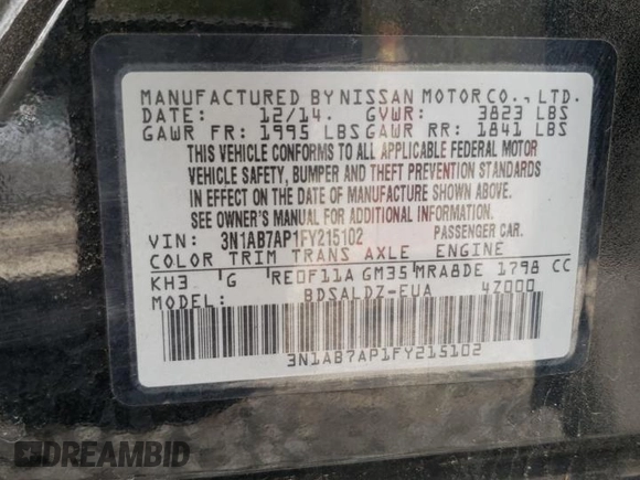 2015 Nissan Sentra SR with VIN 3N1AB7AP1FY215102, listed as a Copart auction lot 54594275 with 215,390 mi miles and Clean Title. Bid and sale history available at DreamBid. Image 12.
