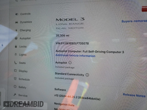 2020 Tesla Model 3 Long Range with VIN 5YJ3E1EB0LF735078, listed as a Copart auction lot 48423235 with 35,306 mi miles and Salvage Title. Bid and sale history available at carsss.com. Image 9.